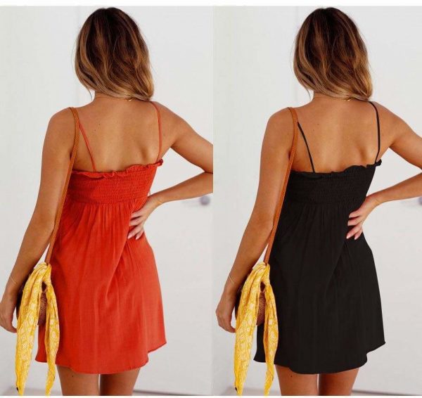 The Best Front-breasted White Elastic Waist Sling Strap Dress Online - Source Silk