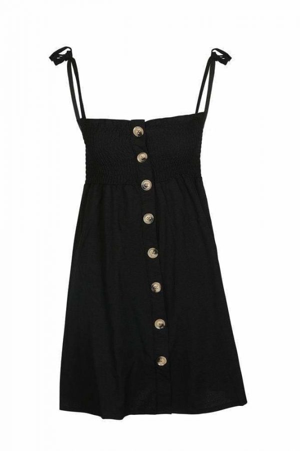 The Best Front-breasted White Elastic Waist Sling Strap Dress Online - Source Silk