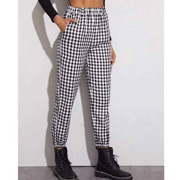 The Best Gingham Plaid Print Elastic High Waist Joggers Sport Trousers Casual Harem Pants Online - Takalr