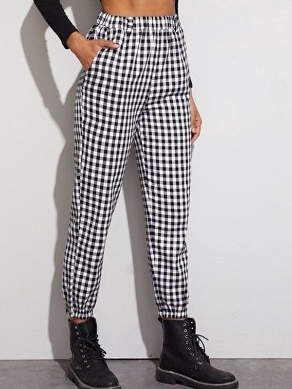 The Best Gingham Plaid Print Elastic High Waist Joggers Sport Trousers Casual Harem Pants Online - Takalr