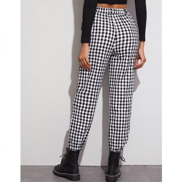 The Best Gingham Plaid Print Elastic High Waist Joggers Sport Trousers Casual Harem Pants Online - Takalr