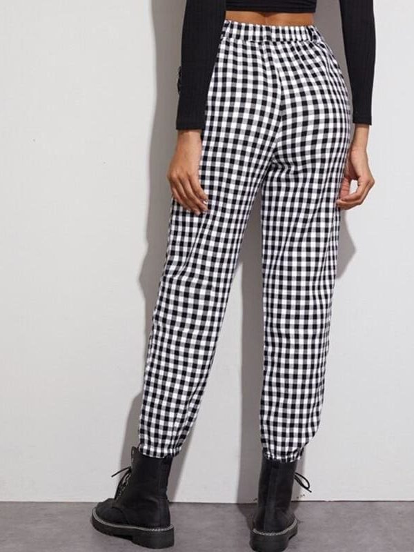 The Best Gingham Plaid Print Elastic High Waist Joggers Sport Trousers Casual Harem Pants Online - Takalr