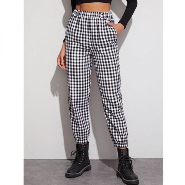 The Best Gingham Plaid Print Elastic High Waist Joggers Sport Trousers Casual Harem Pants Online - Takalr