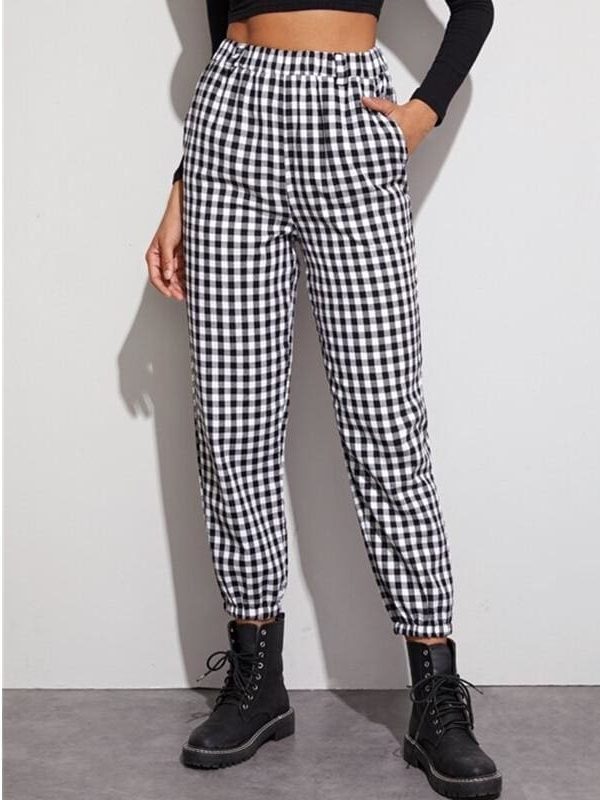 The Best Gingham Plaid Print Elastic High Waist Joggers Sport Trousers Casual Harem Pants Online - Takalr