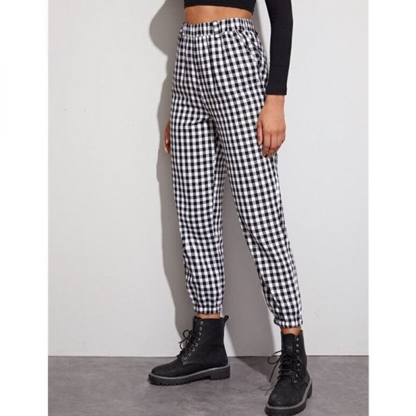 The Best Gingham Plaid Print Elastic High Waist Joggers Sport Trousers Casual Harem Pants Online - Takalr