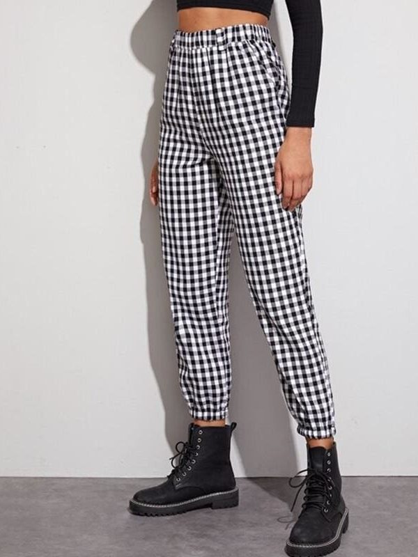 The Best Gingham Plaid Print Elastic High Waist Joggers Sport Trousers Casual Harem Pants Online - Takalr