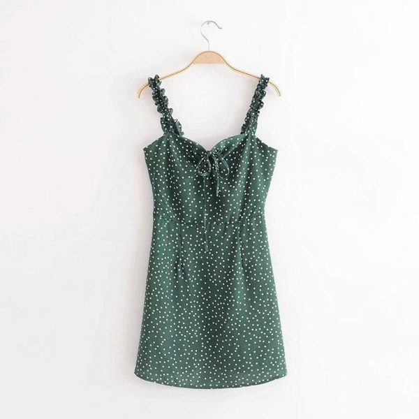 The Best Green Polka Dot Dress Women Sleeveless V neck Strap Summer mini Dress Online - Source Silk