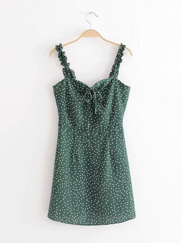 The Best Green Polka Dot Dress Women Sleeveless V neck Strap Summer mini Dress Online - Source Silk