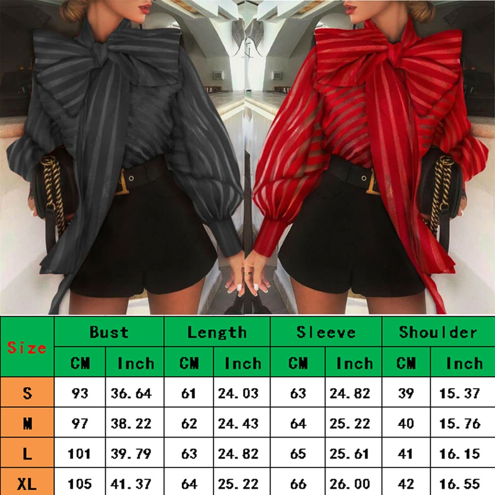 Women Mesh Shirt Ladies Office Work Casual See Through Bowknot Long Lantern Sleeve Striped Tops Blouse Shirts