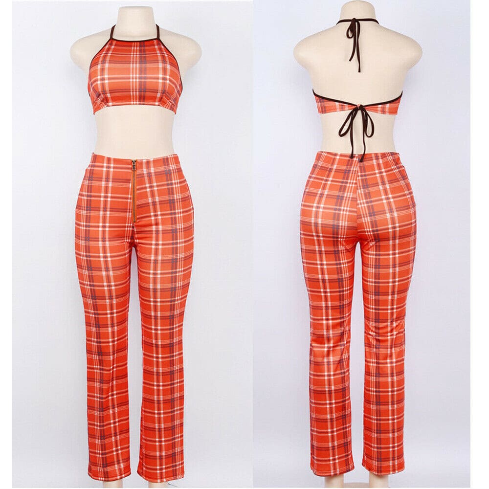 Plus Size Ladies Summer Plaid Clothes Set Fashion Women Sleeveless Holiday Crop Tops+Long Pants 2Pcs Loose Beach Outfit S-2XL