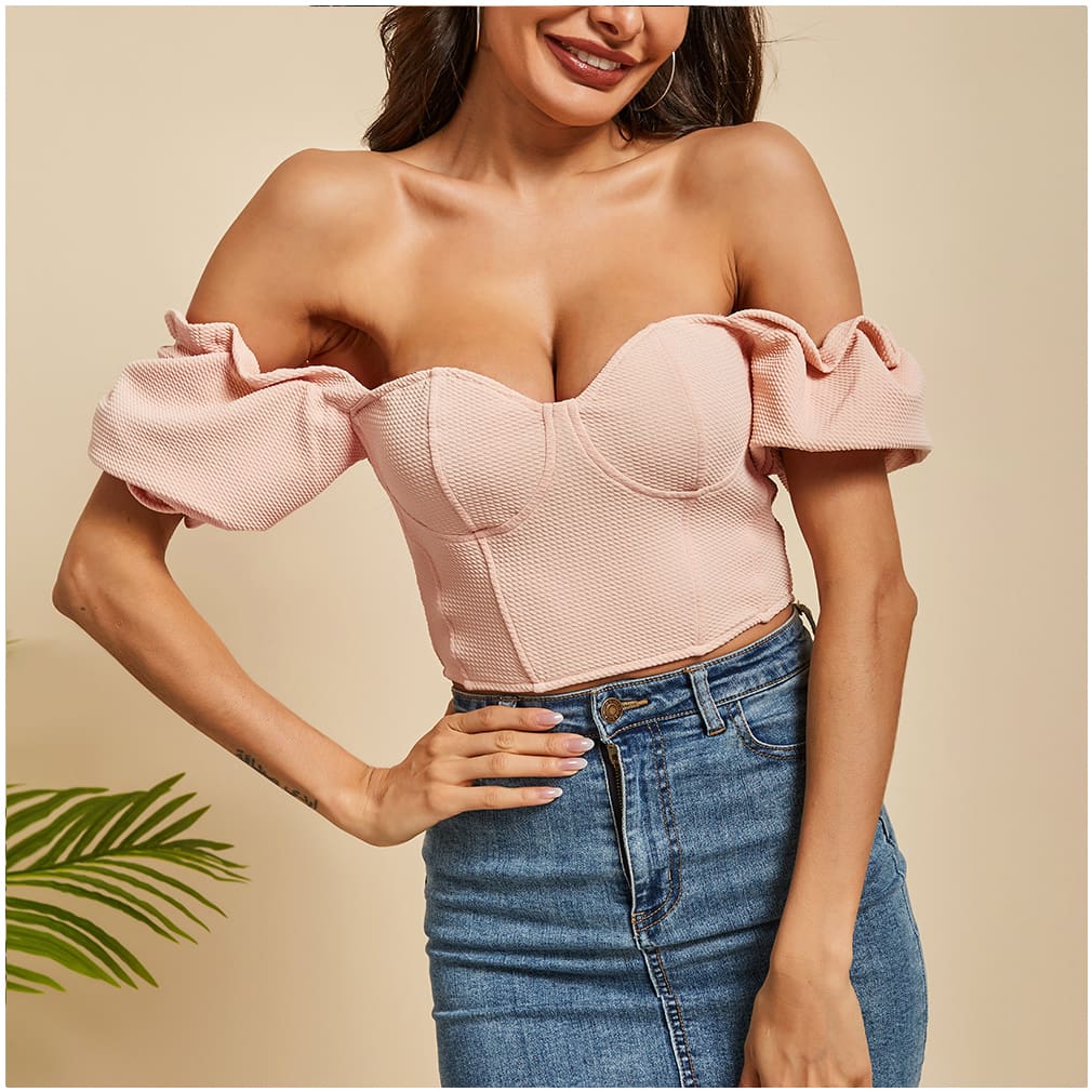 Women Ruffles Square Collar Crop Top Women Blouses Summer Vintage Half Puff Sleeve Ladies Tops Shirts