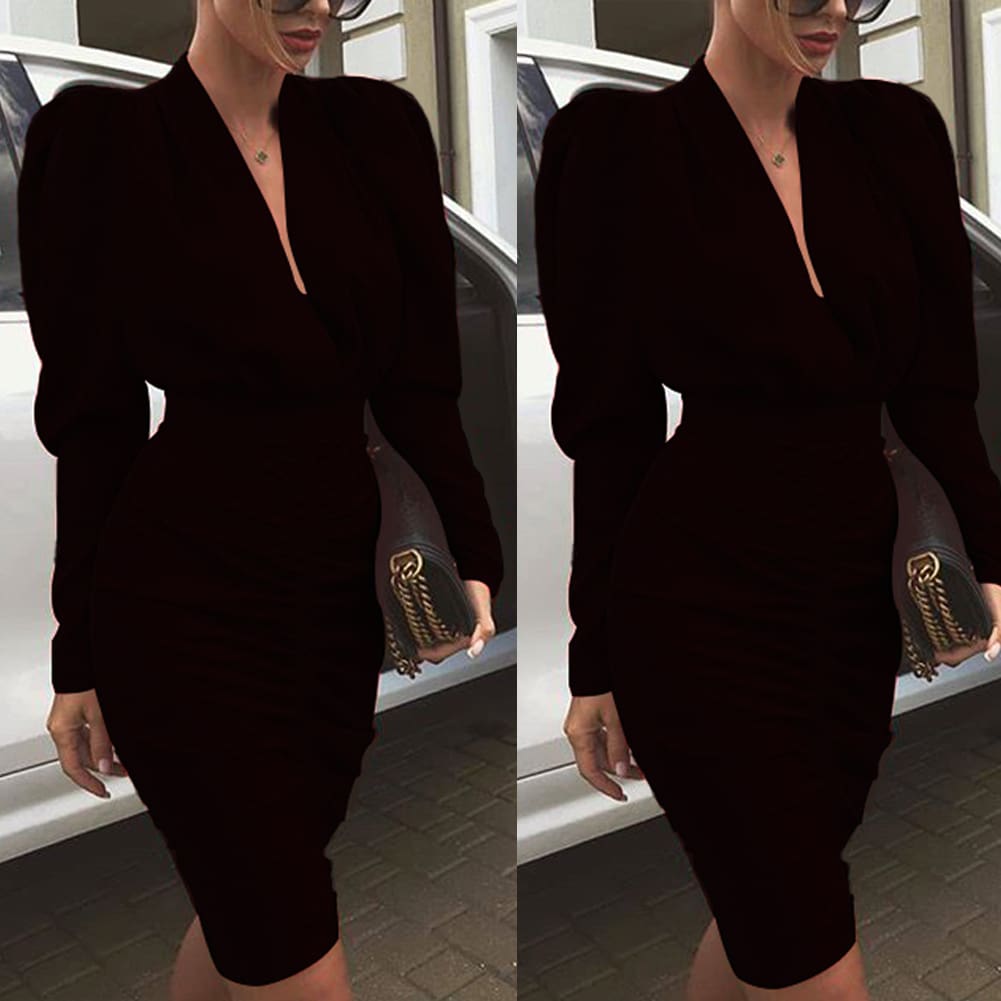 Elegant Womens Long Sleeve V Neck Bodycon Dress OL Ladies Evening Party Office Workout Mini Dress