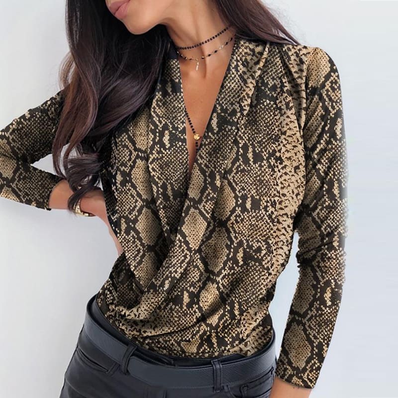 Women Long Sleeve Deep V-neck Shirt Blouses Tops Sexy Criss-cross Snake Skin Shirt Work Business Formal Shirt Outwear Fall