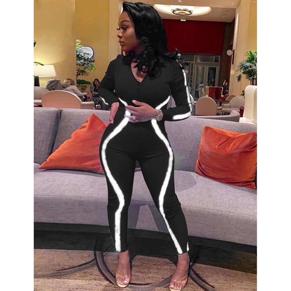 Autumn Sports Tracksuits Women Striped Reflective Jumpsuits Girl Long Sleeve Zip Jumpsuit Casual Skinny Playsuit Plus Size