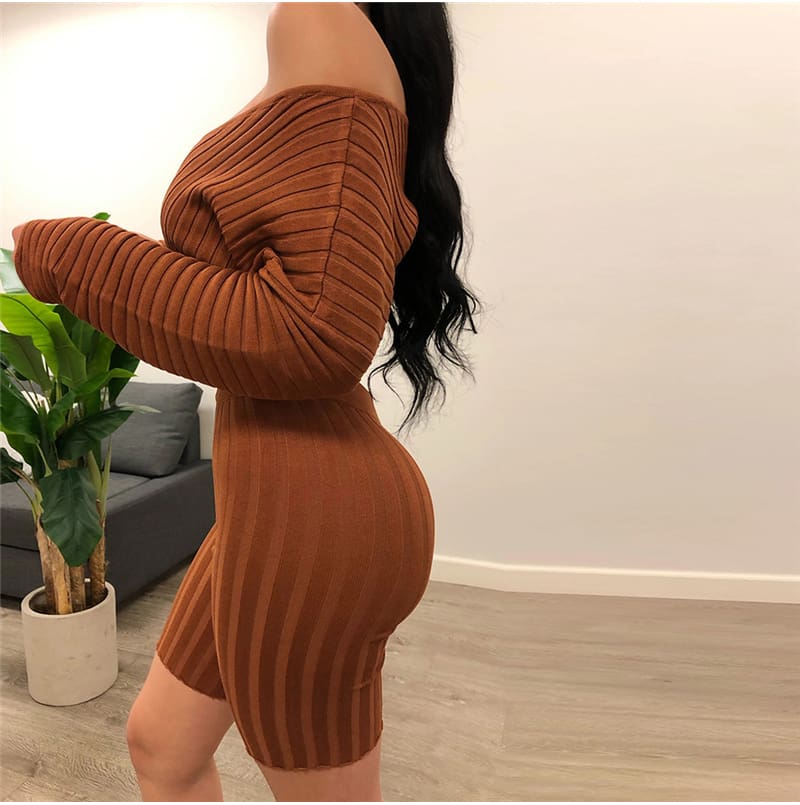 Women Long Sleeve Crop Top and Short Pant Suit Elegant Casual Plain Tight Stretch home wear 2 Piece Set