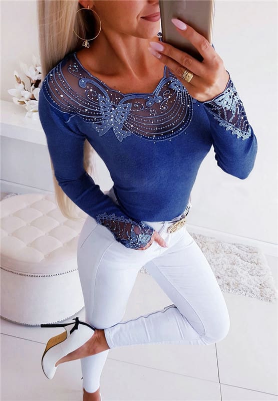 Autumn Women Lace Sequins Blouse Fashion Butterfly Beaded V Neck Tee Shirt Casual Long Sleeve Slim Fit Tops