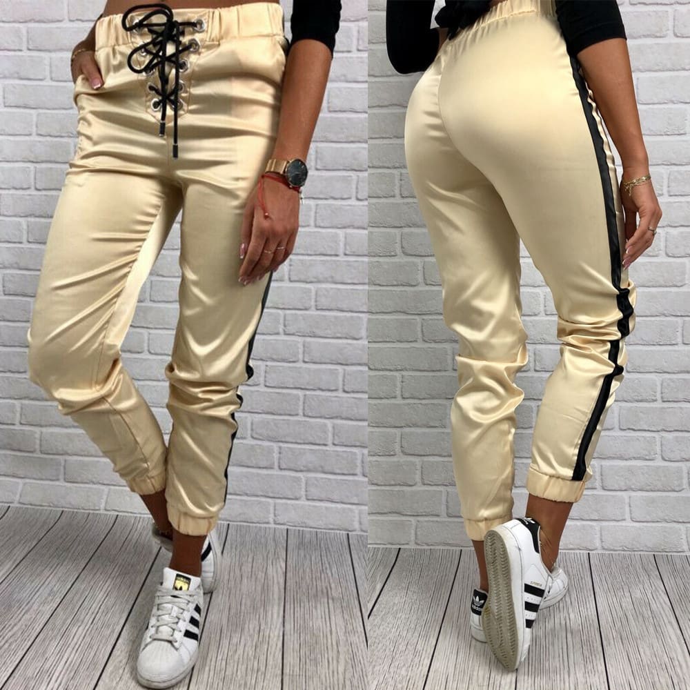 Women Casual Pants Elastic Waist Jogger Skinny Trousers Side Pockets Sweatpants