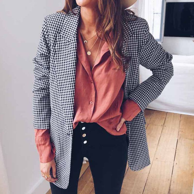 Women Casual Blazer Jacket Lapel Tops Plaid Coat Slim Cardigan Outwear Overcoat Fashion Women Office Lady Elegant Coat