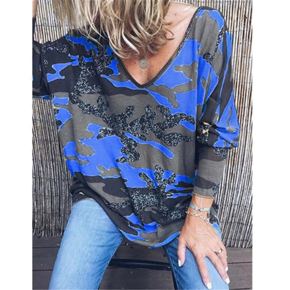 Women Loose Ladies Blouse Shirt Long Sleeve Summer Tops V neck Casual Camouflage Basic Tee Blouse Streetwear