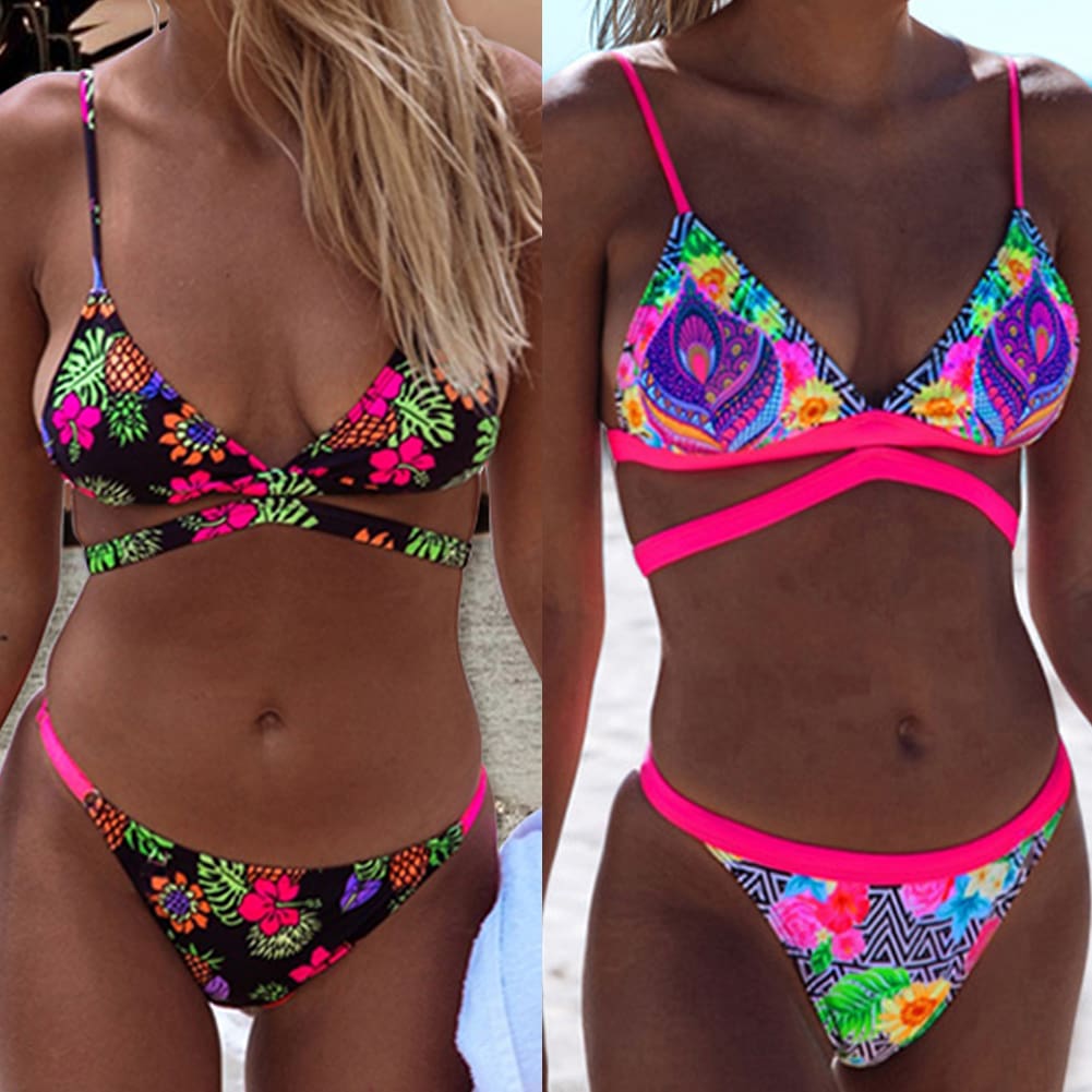 Hirigin Multi Color Straps Sexy Flower Bikini Set One-Piece Suit Women Swimwear Bandage Push Up Padded Bathing Suit New