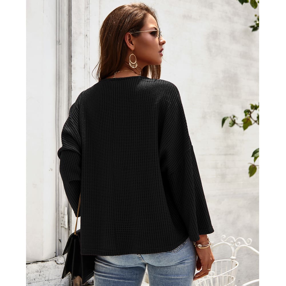 Women Casual Tops T Shirt Lady Office Wears V Neck Loose Long Sleeve Cotton Knit Outwear Streetwear