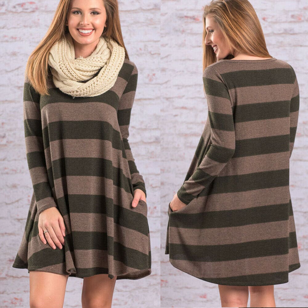 Women Stripe Mini Dress Round Neck Long Sleeve Ladies Casual Loose Tunic Pocket Short Dress