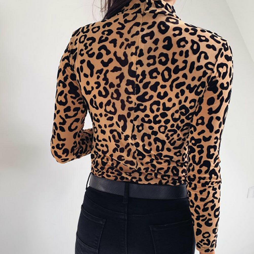 Women Leopard Print Turtleneck Tops Autumn Long Sleeve Slim Basic Ladies T Shirt Party Fashion Korean Tops Female New