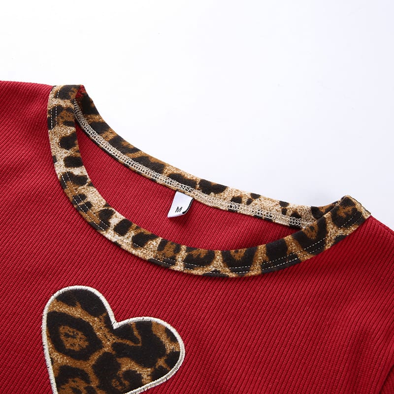 Fashion Women Leopard Heart Print Slim Red Crop Top Ladies Casual Short Sleeve Summer Sexy Fitting Tops New T-shirts