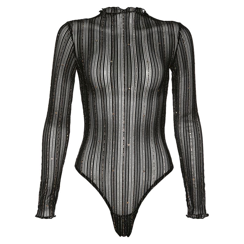 New Women Sexy Turtleneck Sheer Mesh Romper Tops Bodycon Bodysuit Long Sleeves Leotard Jumpsuit Shirt Tops