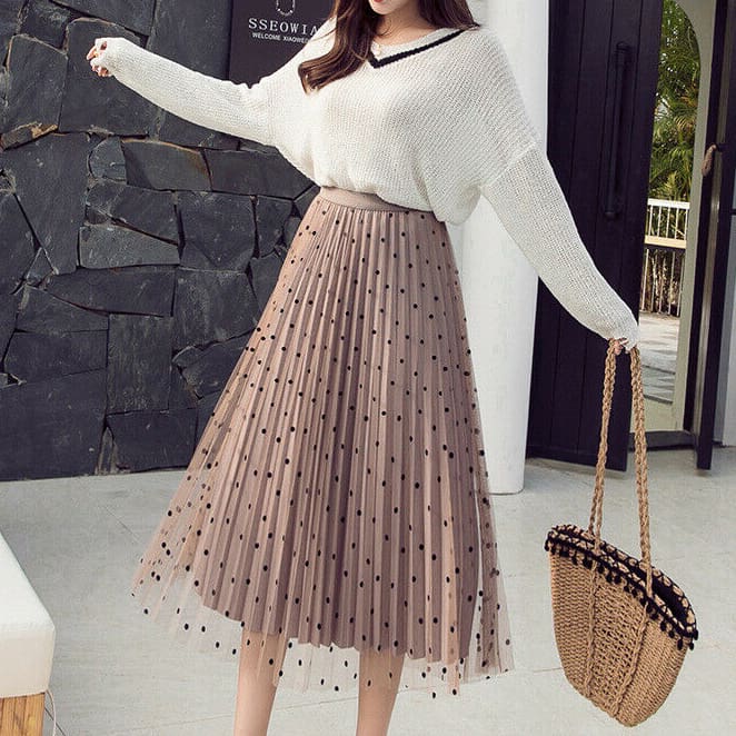 Womens Boho Polka Dot Long Maxi High Waist Skirt Summer Ladies Casual Pleated Beach Skirt Sundress