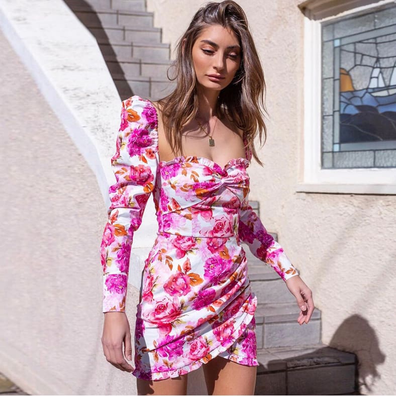 Fashion Women Retro Tunic Long Sleeve Floral Print Bodycon Dresses Summer Beach Sexy Ladies Vintage Dress