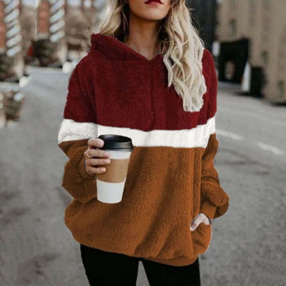 Fashion Women Winter Warm Fleece Fluffy Pocket Coat Pullover Ladies Casual Hooded Jumper Jacket Outerwear Overcoat