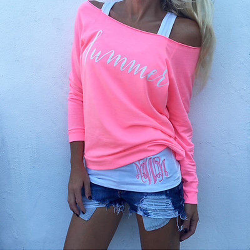 Women Ladies Loose Casual Long Sleeve T-Shirt Fashion Summer Pink Color Letter Cotton Leisure Tops T-Shirt Tees