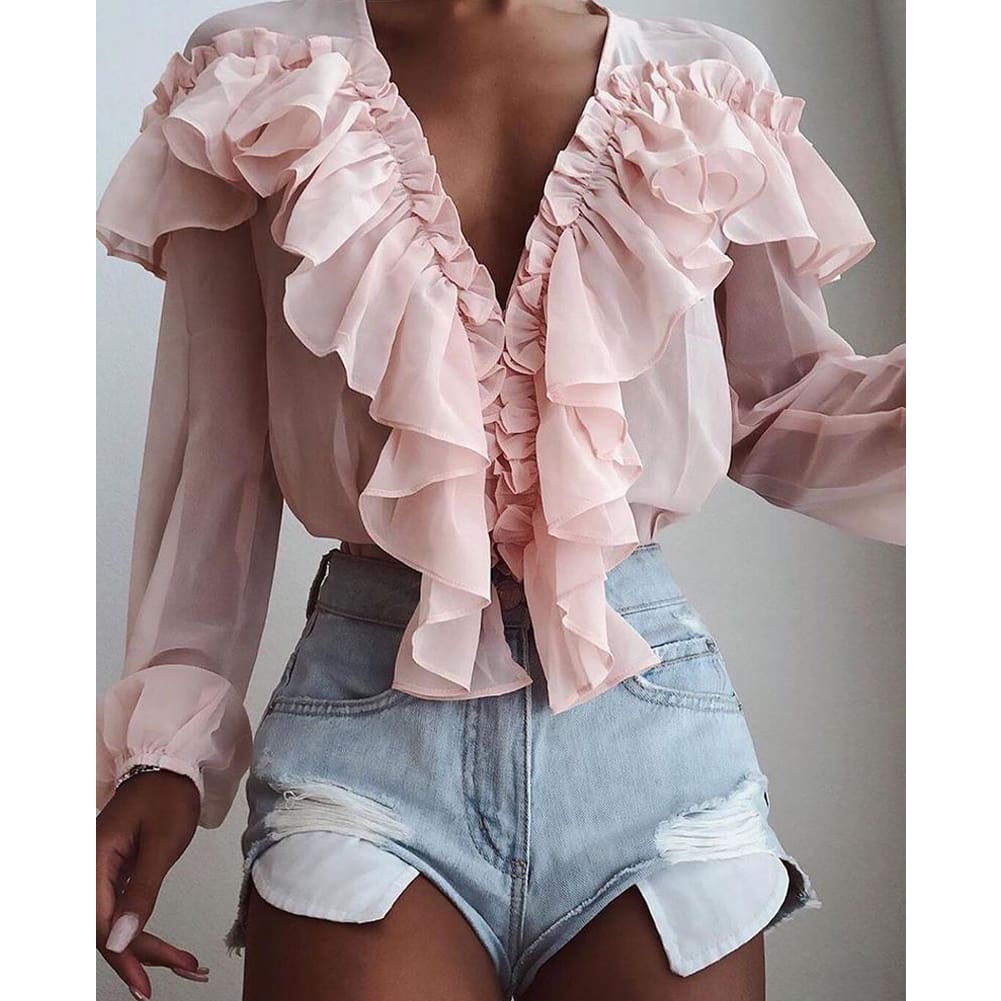 Women Chiffon Solid Color V-Neck Ruffle Trim Blouse Casual Long Sleeve Loose Top Ladies Holiday Clothing Streetwear