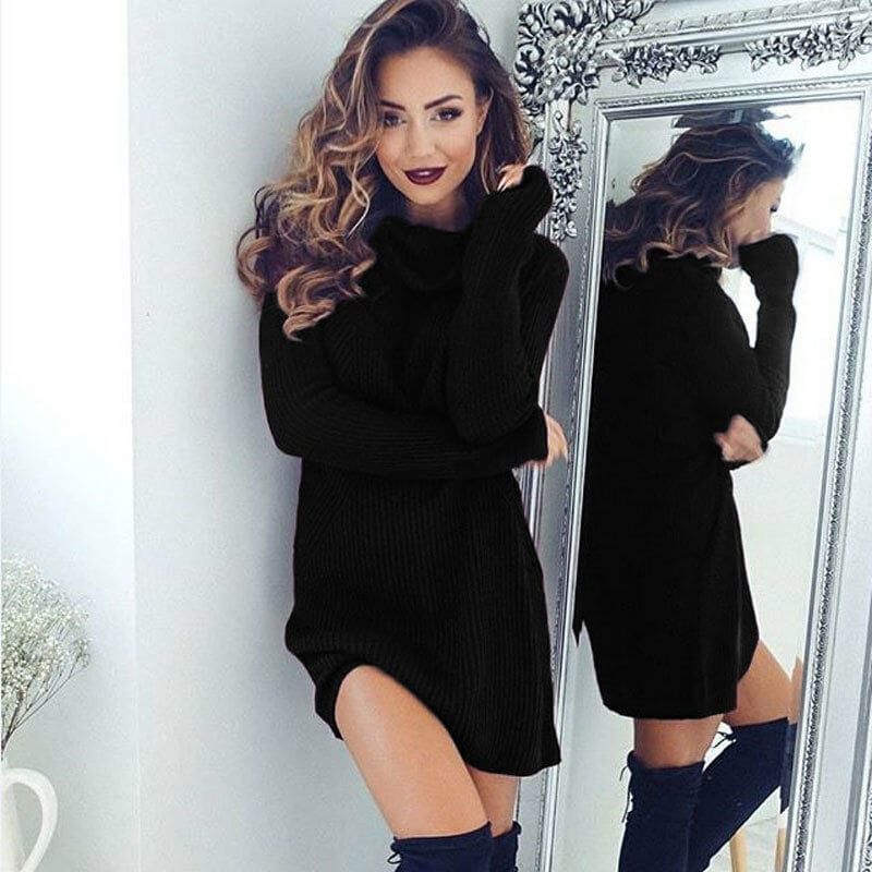 Women Casual Turtleneck Pullover Long Knitted Oversize Long Sleeve Jumper Sweaters Shirt Tops Dresses