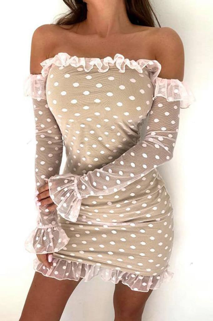 Women Ladies See-through Base Dress Flared Long Sleeve Off-shoulder Polka Dots Printed Short Mini Dress