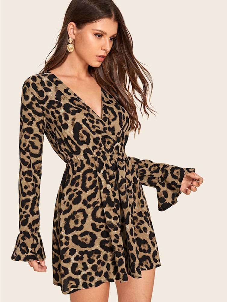 New Fashion Women Long Sleeve Leopard Dress Elegant Loose Tunic Evening Party Dress Ladies Clothing Streetwear