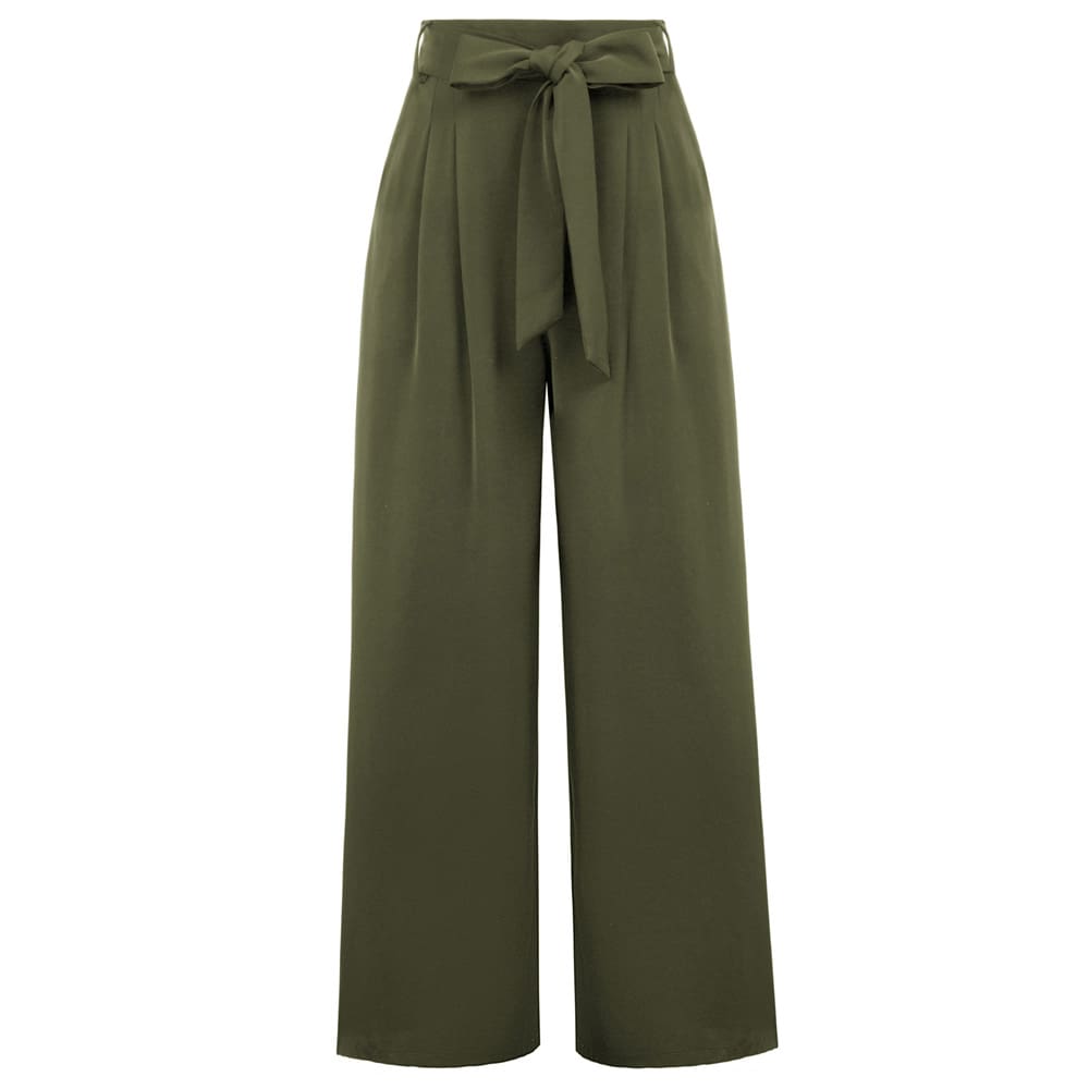 Women Elastic High Waist Casual Belt Trousers Straight Leg Long Pants