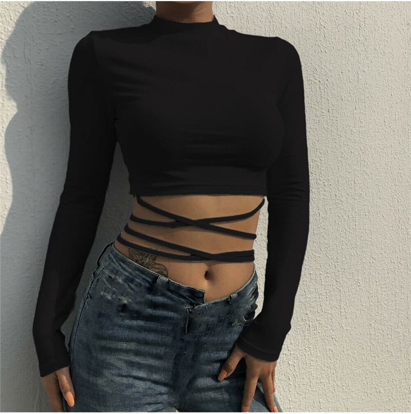 Women Bandage Tight Crop Tops Long Sleeve Bodycon Long Sleeve T shirt Ladies Plain Tee shirt Femme Party Club Tshirt