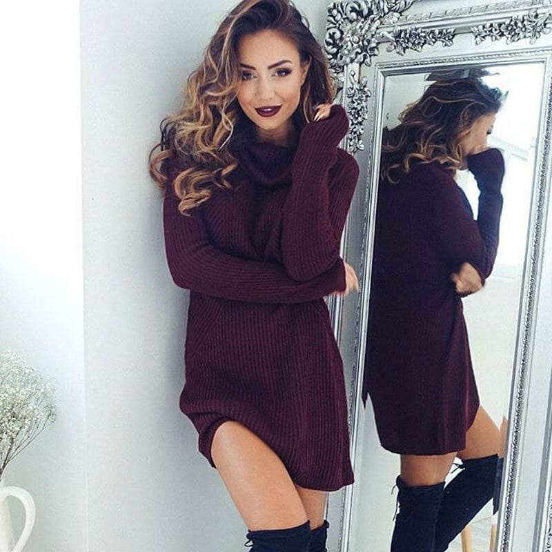 Women Casual Turtleneck Pullover Long Knitted Oversize Long Sleeve Jumper Sweaters Shirt Tops Dresses