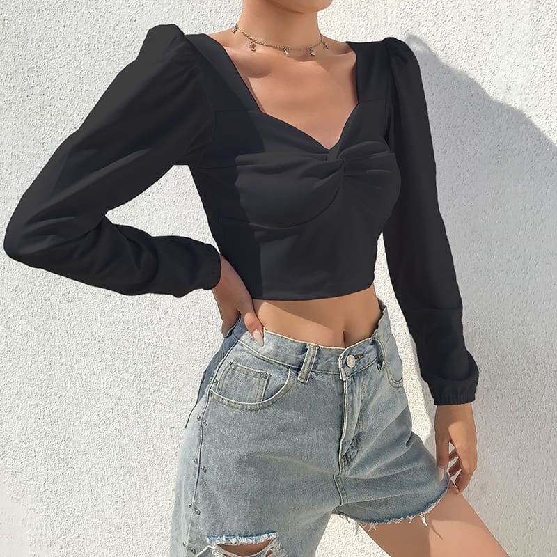 Fashion Women Ladies Sexy V Neck Plain Crop Tops T-shirt Long Sleeve Casual Autumn T Shirts Tees Streetwear