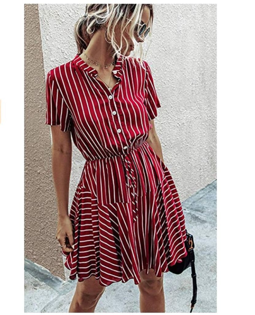 Fashion Women Short Sleeve Stripe T Shirt Dress Elegant High Waist Loose Summer Dress Ladies Office Lady OL Dersses Streetwear