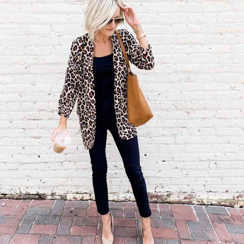 Women Fashion OL Blazer Suit Ladies Long Sleeves Leopard Cardigan Slim Fit Casual Jacket Coat Outwear Streetwear