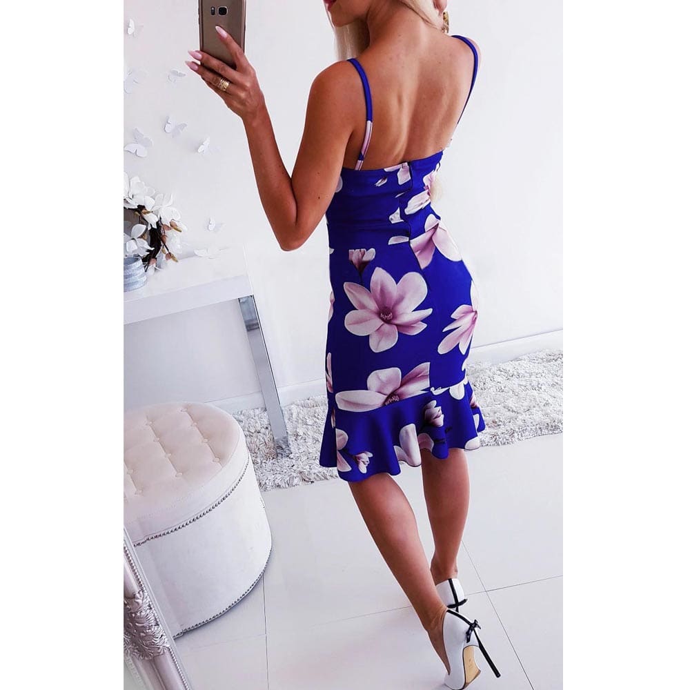 Women Floral Print Strappy Midi Party Dress Ladies Slim Bandage Bodycon Summer Holiday Side Suspender Dress Sundress