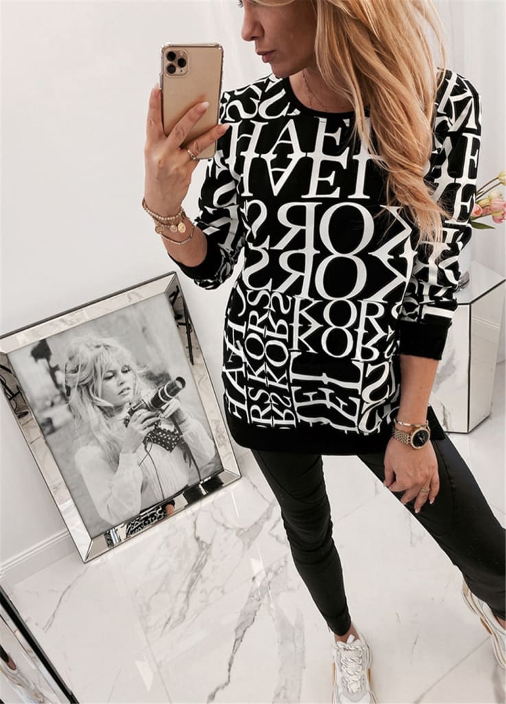 Women Long Sleeve Blouse Shirt Crew Neck Letter Print Pullover Sweatshirt Loose Jumper Casual Autumn Winter Top