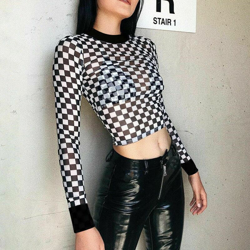 Summer Women Crop Top Clubwear Fashion Plaid Casual Long Sleeve See-Through T-Shirt Beach Holiday Slim Fit Tees