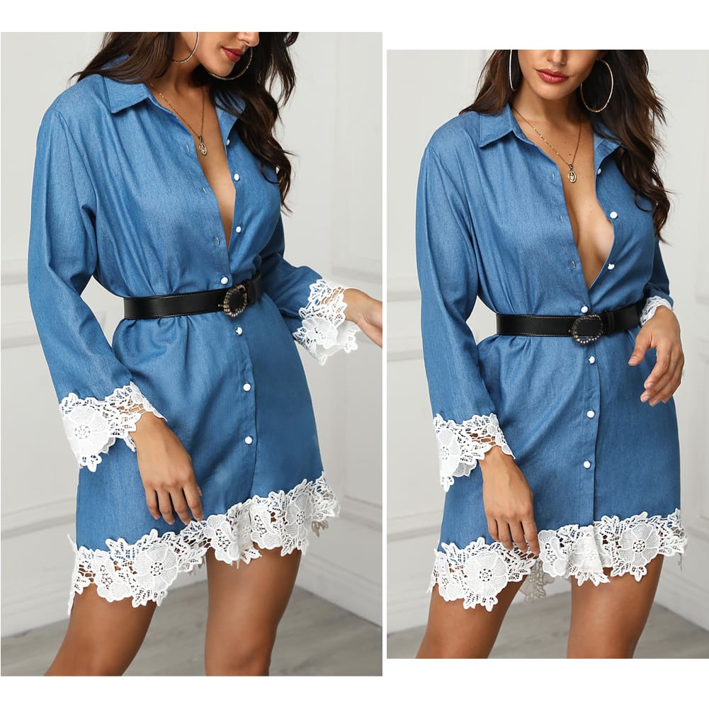 Fashion Womens Denim Dress Button Summer Lace Long Sleeve Office Ladies Casual Loose Tops Mini Shirt Dress