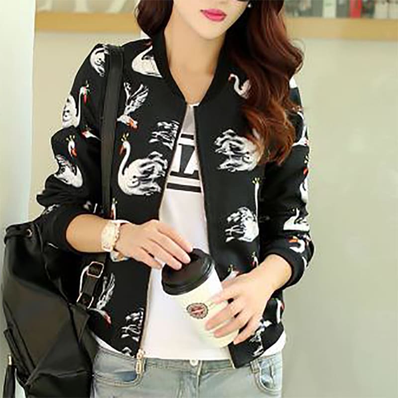 Womens Autumn Winter Bomber Jacket Classic New Fashion Ladies Casual Zip Up Biker Floral Coats Black Women Clothes