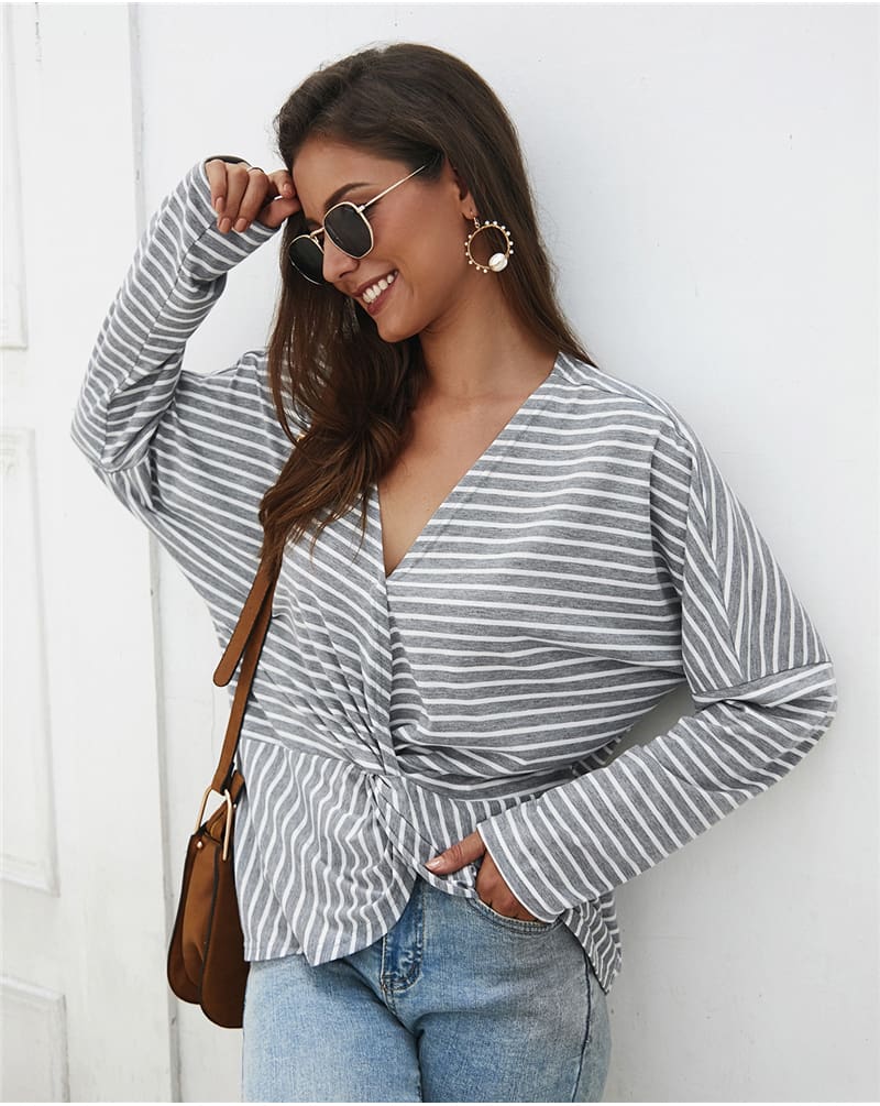 Fashion Women Autumn Casual Top Long Sleeve T shirt V Neck crisscross Tee Shirt Femme Elegant Stripe Dames tshirt Streetwear