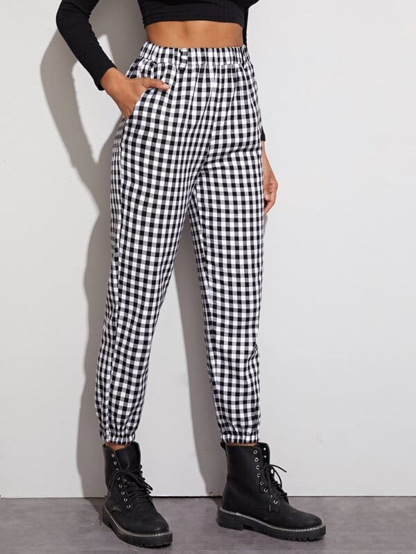 Gingham Plaid Print Elastic High Waist Joggers Sport Trousers Casual Harem Pants